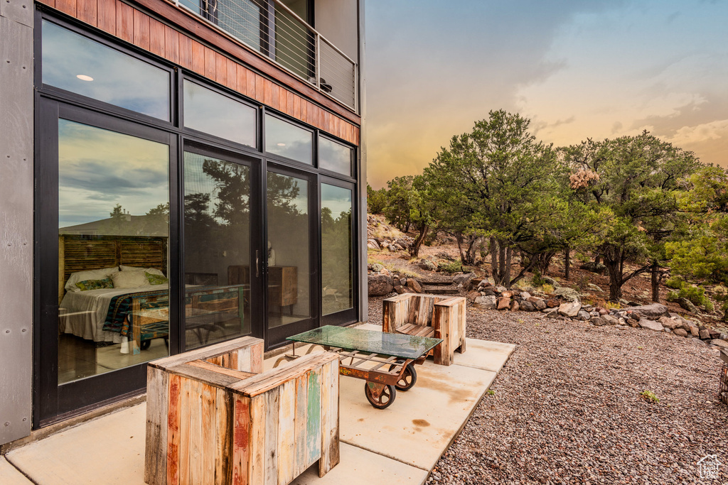 View of patio terrace at dusk