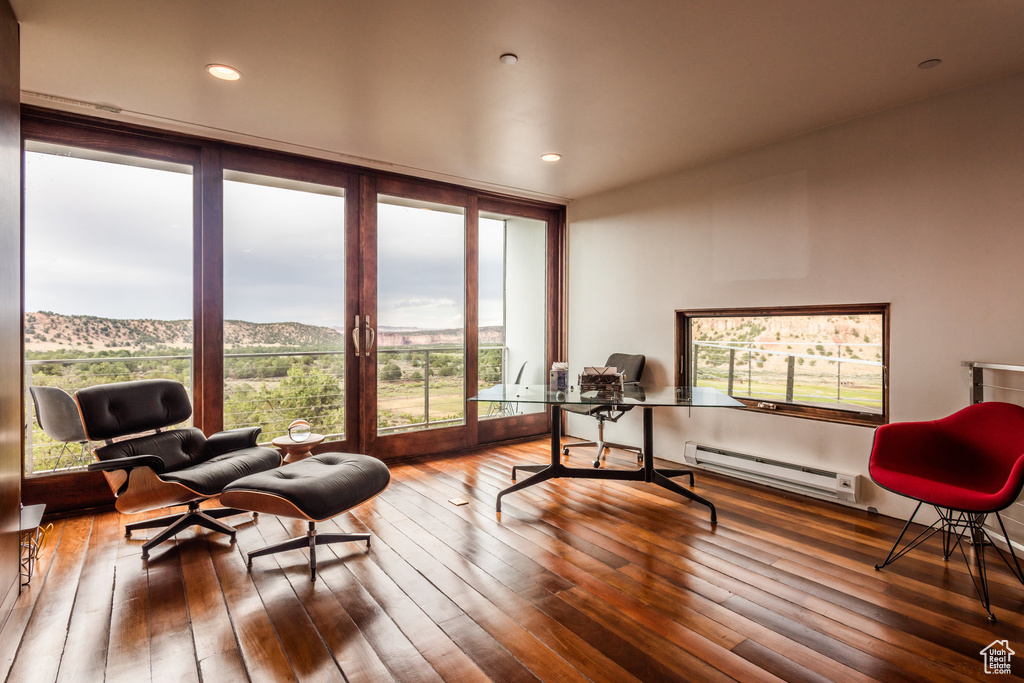 Living area featuring a mountain view, hardwood / wood-style floors, and a baseboard radiator