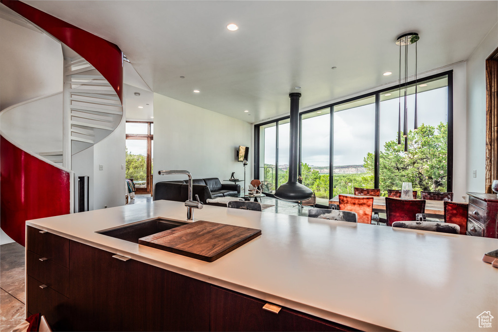 Kitchen with expansive windows