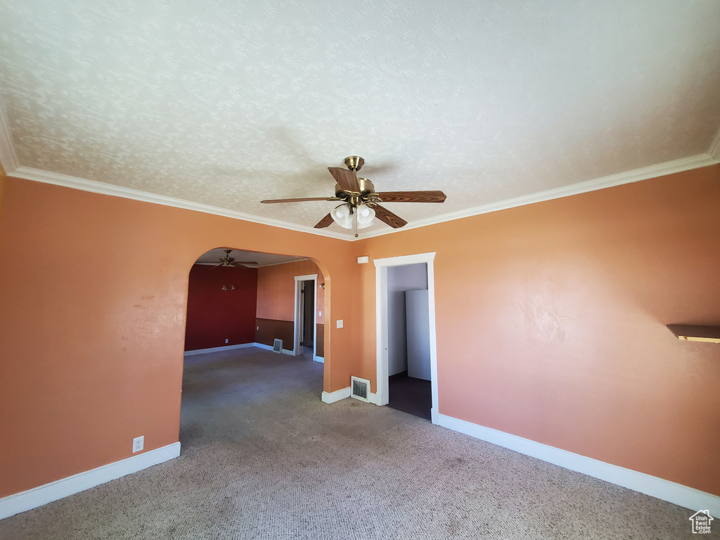 Carpeted empty room with ceiling fan, crown molding, and a textured ceiling