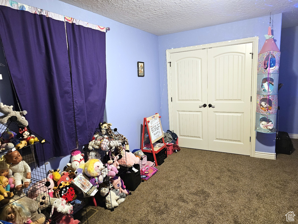 Rec room featuring carpet floors and a textured ceiling