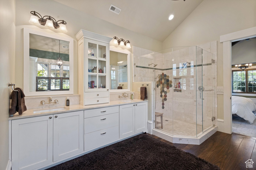 Bathroom featuring plenty of natural light, lofted ceiling, and walk in shower