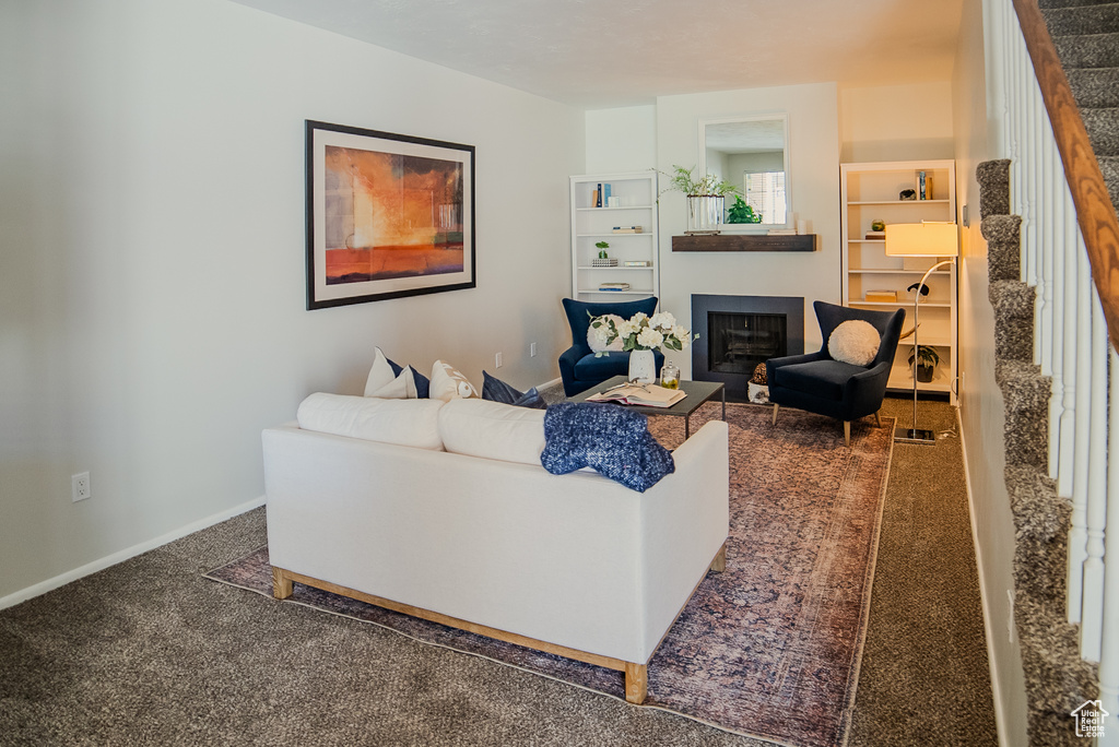 Living room with dark carpet