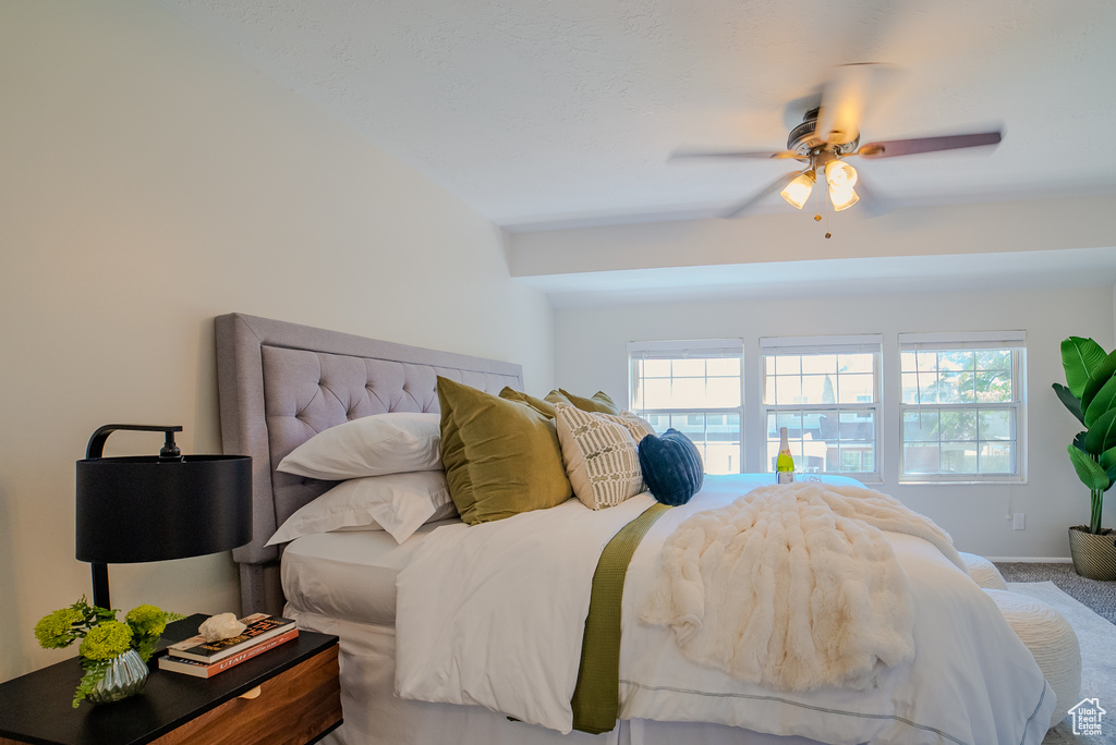 Bedroom featuring multiple windows, carpet, and ceiling fan