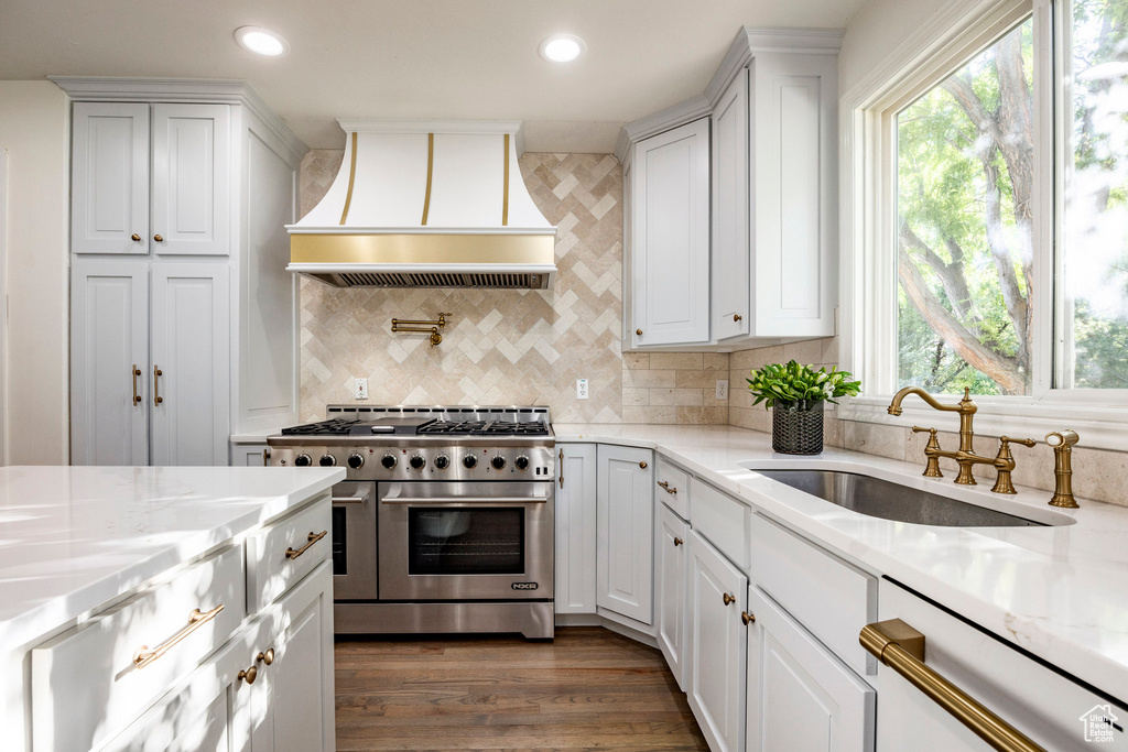 Kitchen featuring double oven range, dark hardwood / wood-style floors, sink, white dishwasher, and custom exhaust hood