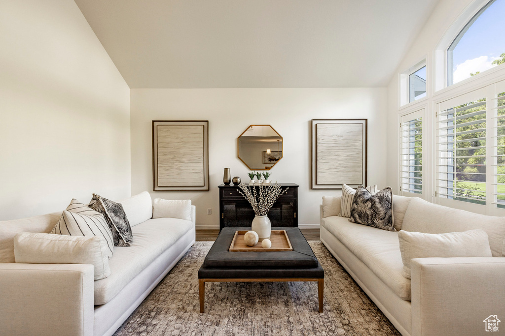 Living room featuring hardwood / wood-style flooring and high vaulted ceiling