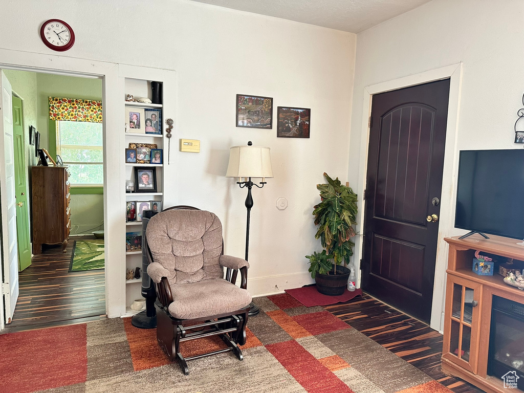 Living area with dark wood-type flooring