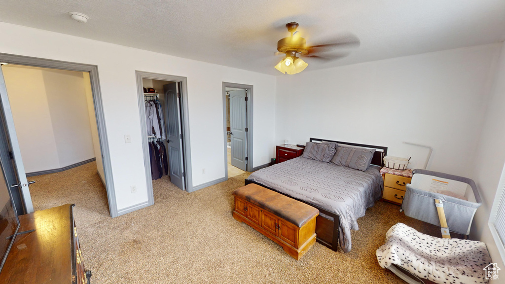 Carpeted bedroom featuring a spacious closet, a closet, and ceiling fan