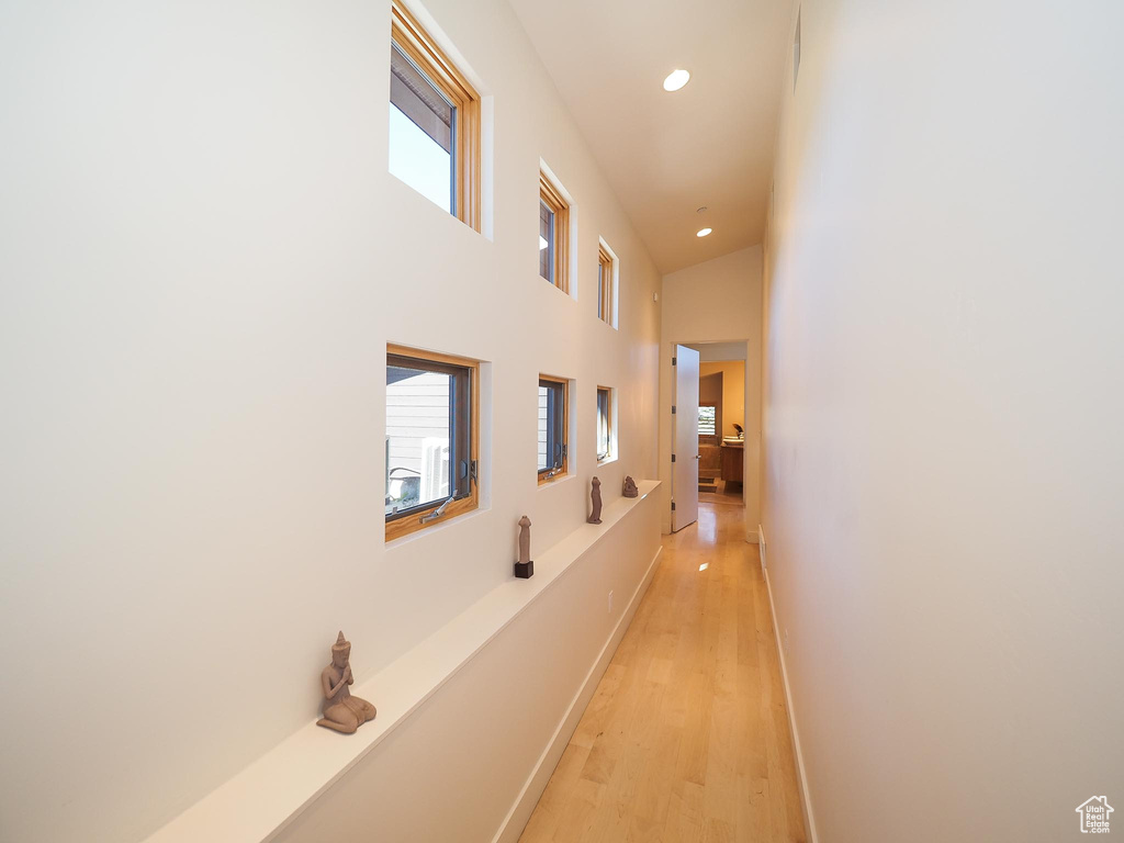 Hallway with a wealth of natural light, light hardwood / wood-style flooring, and a towering ceiling