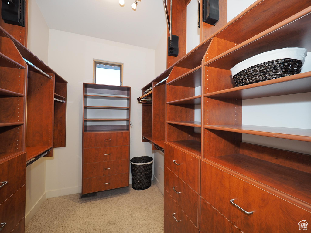 Spacious closet with light carpet