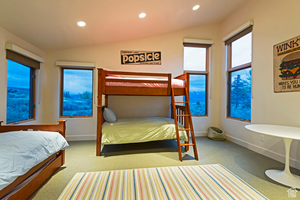 Carpeted bedroom with vaulted ceiling