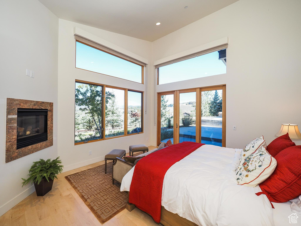 Bedroom with multiple windows, access to outside, and light hardwood / wood-style flooring