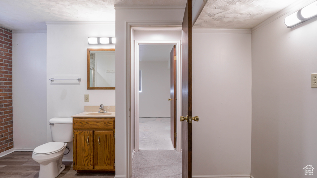 Bathroom with wood-type flooring, crown molding, vanity, and toilet