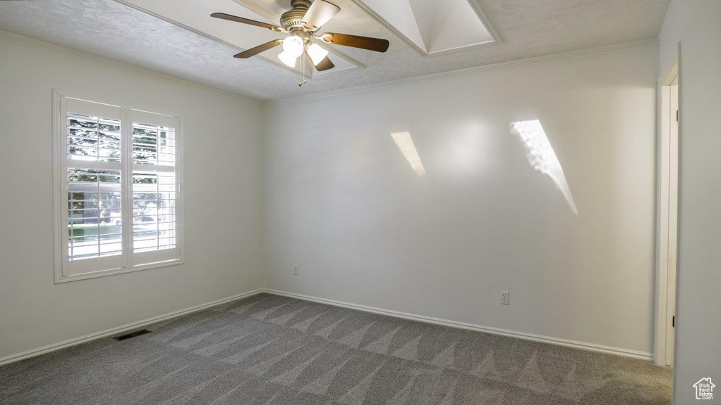 Carpeted empty room featuring ceiling fan, a textured ceiling, and crown molding