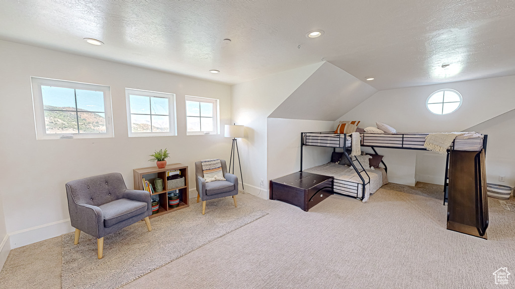 Sitting room with a textured ceiling and light carpet