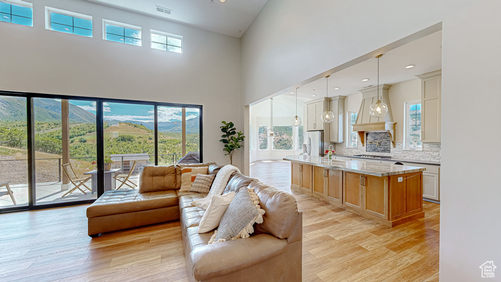 Living room featuring a high ceiling and light hardwood / wood-style flooring