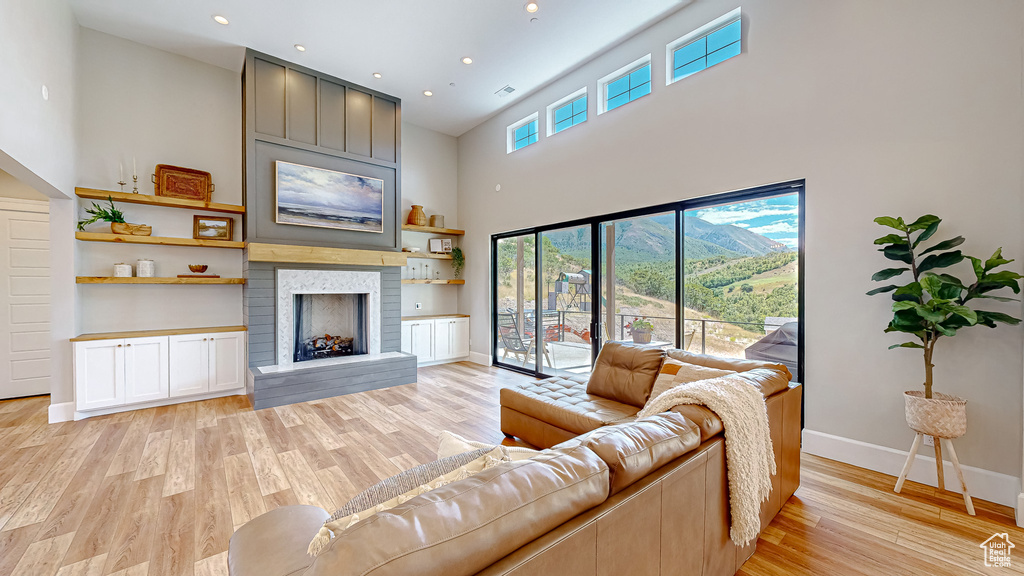 Living room with plenty of natural light, light hardwood / wood-style flooring, and a fireplace