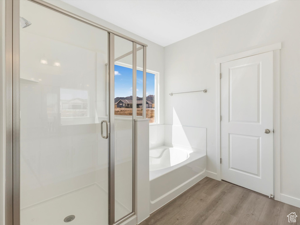 Bathroom with hardwood / wood-style flooring and shower with separate bathtub