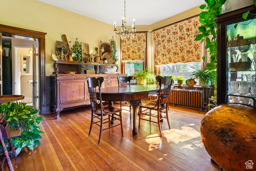 Dining space featuring hardwood / wood-style flooring, a notable chandelier, and radiator