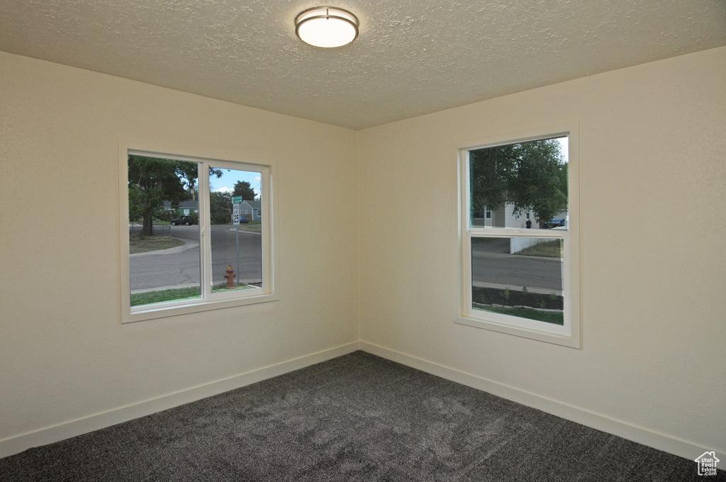 Carpeted spare room with a textured ceiling