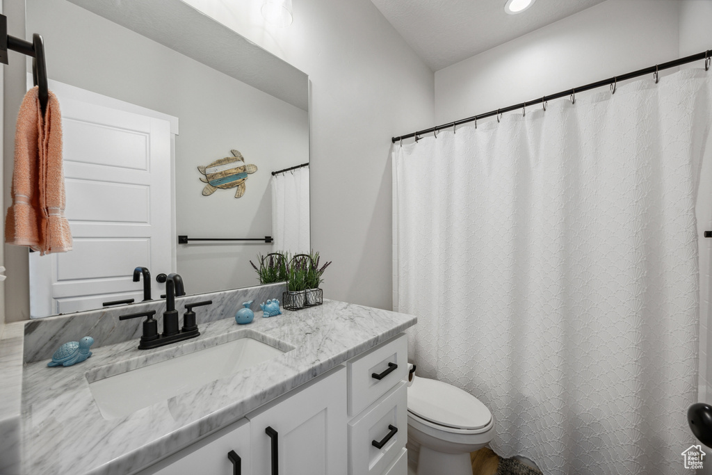 Bathroom featuring a shower with shower curtain, vanity, and toilet