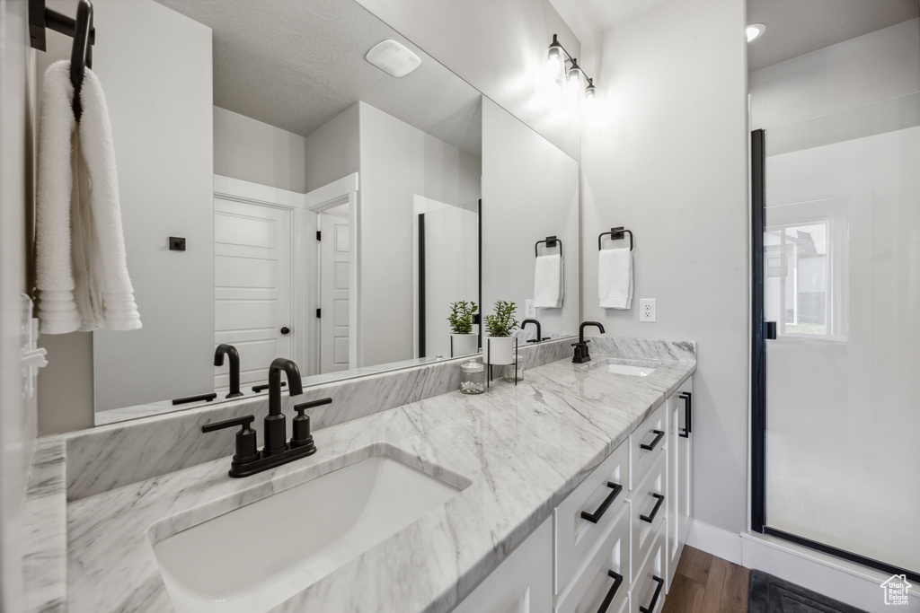 Bathroom with vanity and hardwood / wood-style floors