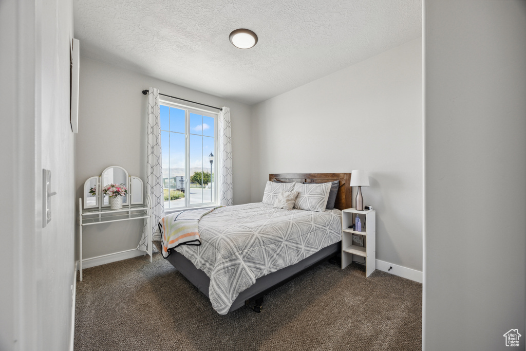 Carpeted bedroom with a textured ceiling