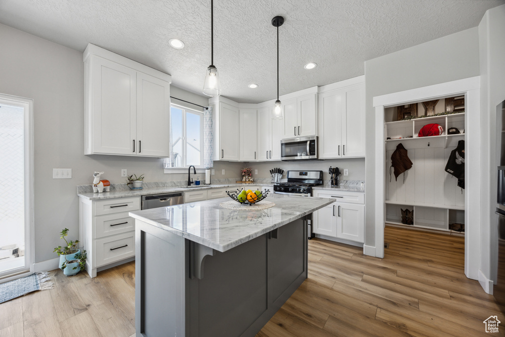 Kitchen with stainless steel appliances, light hardwood / wood-style flooring, pendant lighting, and white cabinets