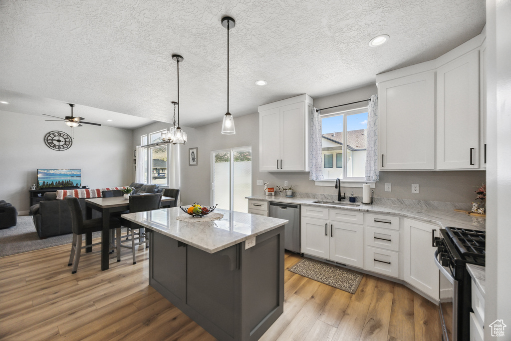 Kitchen with appliances with stainless steel finishes, a center island, light hardwood / wood-style flooring, and white cabinets