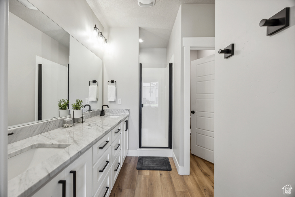 Bathroom featuring an enclosed shower, vanity, and wood-type flooring