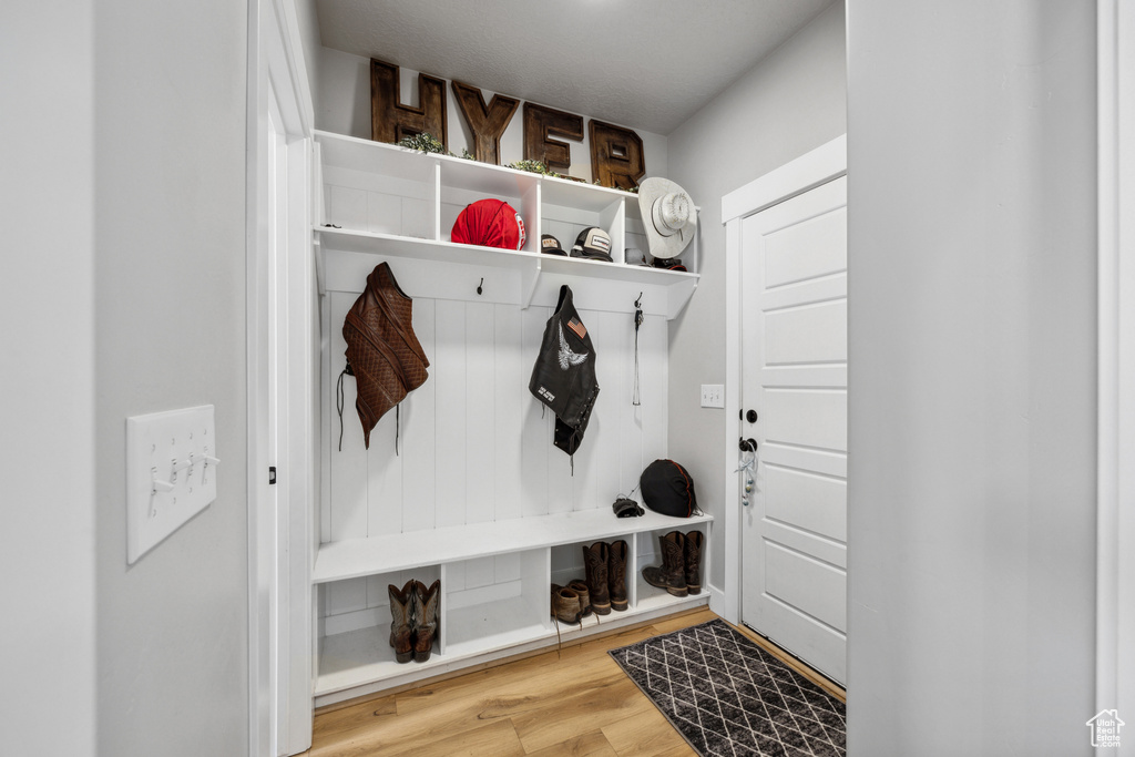 Mudroom with light wood-type flooring