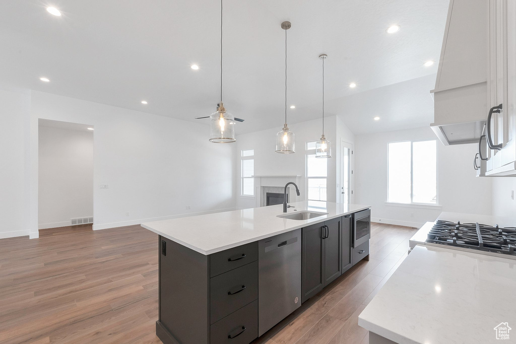 Kitchen featuring a wealth of natural light, stainless steel appliances, sink, and a center island with sink