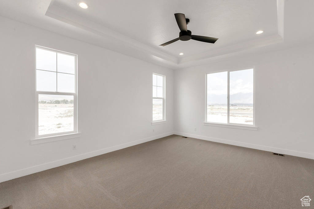 Unfurnished room featuring a tray ceiling, light colored carpet, and ceiling fan