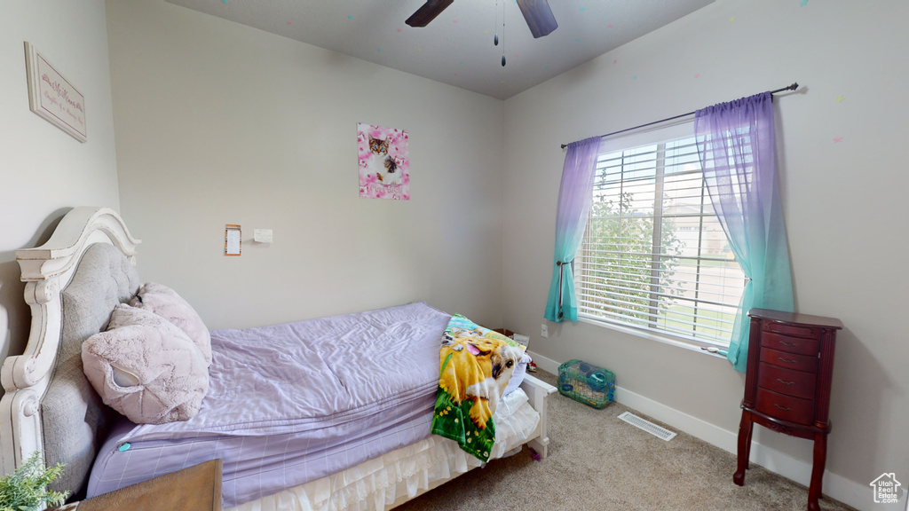 Carpeted bedroom with multiple windows and ceiling fan