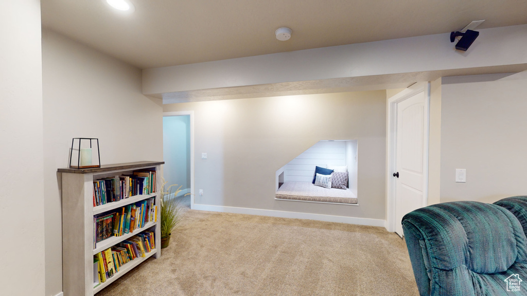 Sitting room with light colored carpet