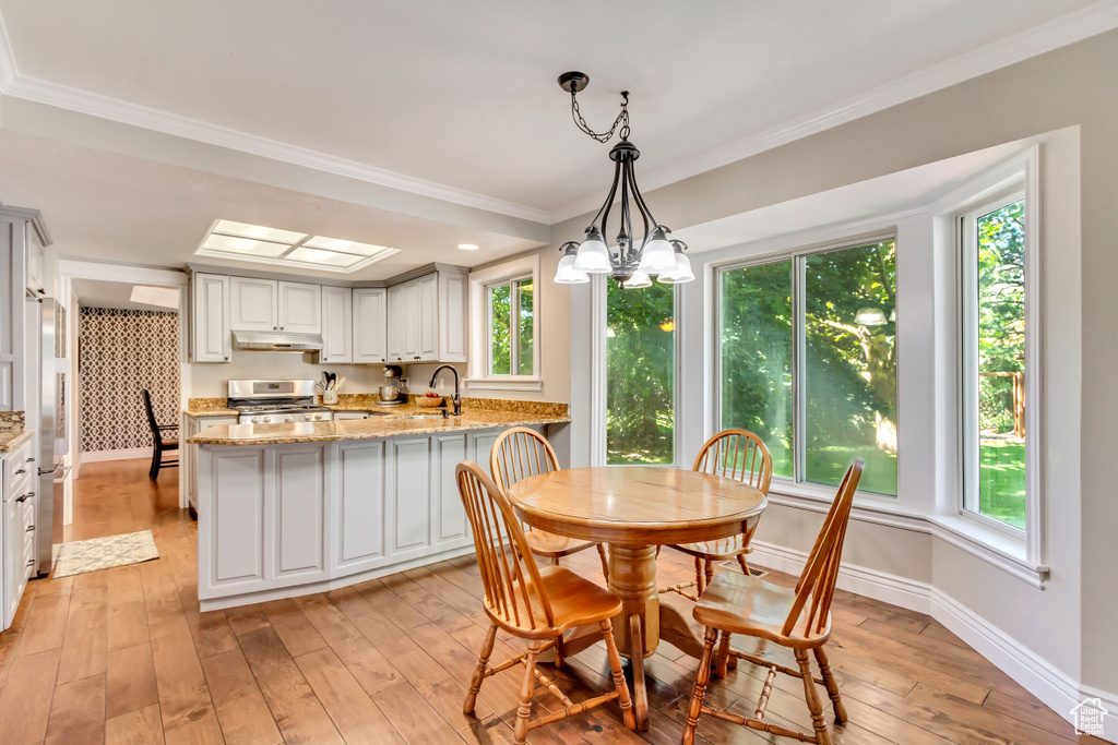 Dining room featuring light wood-type flooring, crown molding, a skylight, and a healthy amount of sunlight