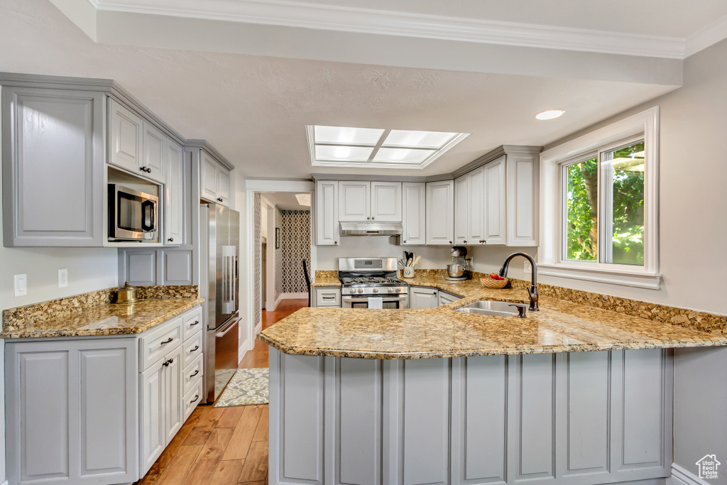 Kitchen with appliances with stainless steel finishes, light wood-type flooring, sink, and kitchen peninsula