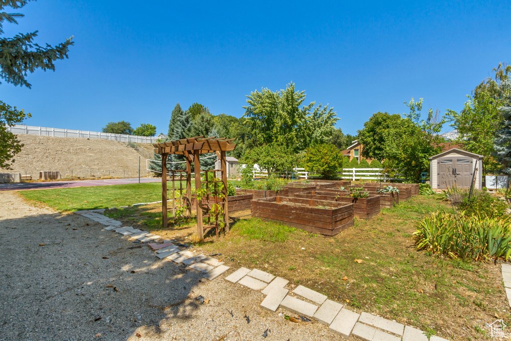 View of yard featuring a storage unit and a pergola