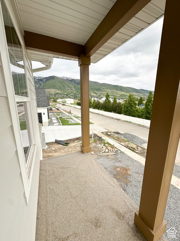 View of patio featuring a mountain view