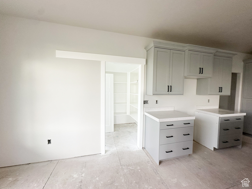 Kitchen with gray cabinetry and light countertops