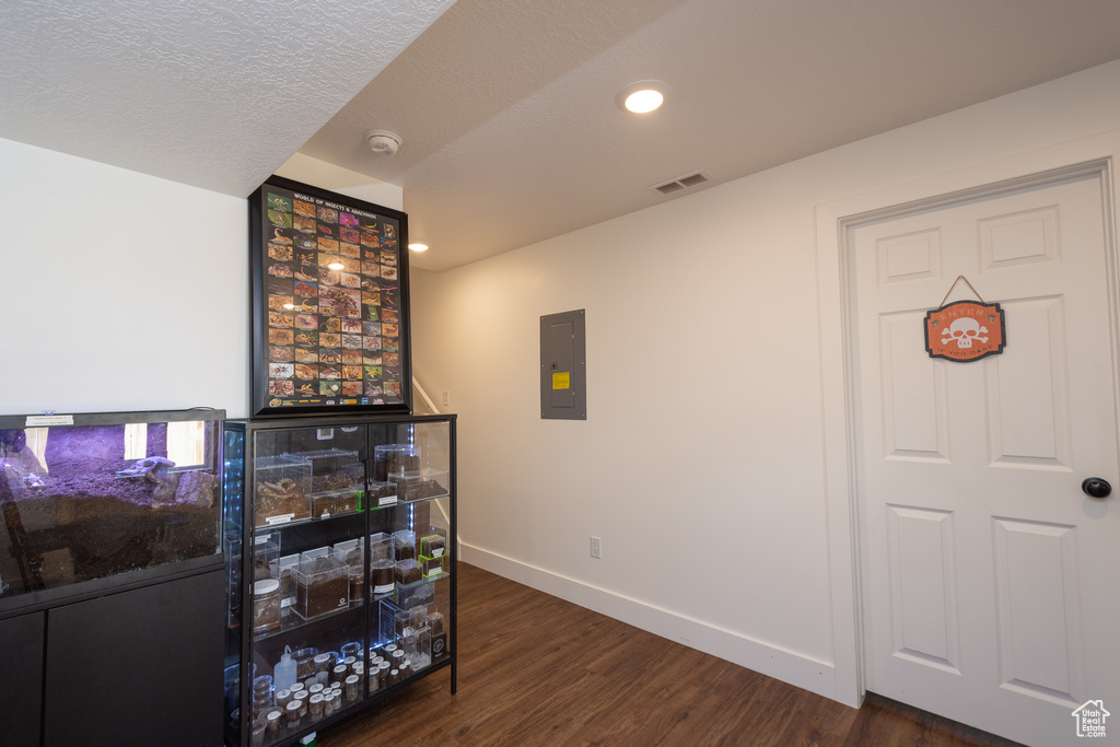 Living room with a textured ceiling, dark wood-type flooring, and electric panel