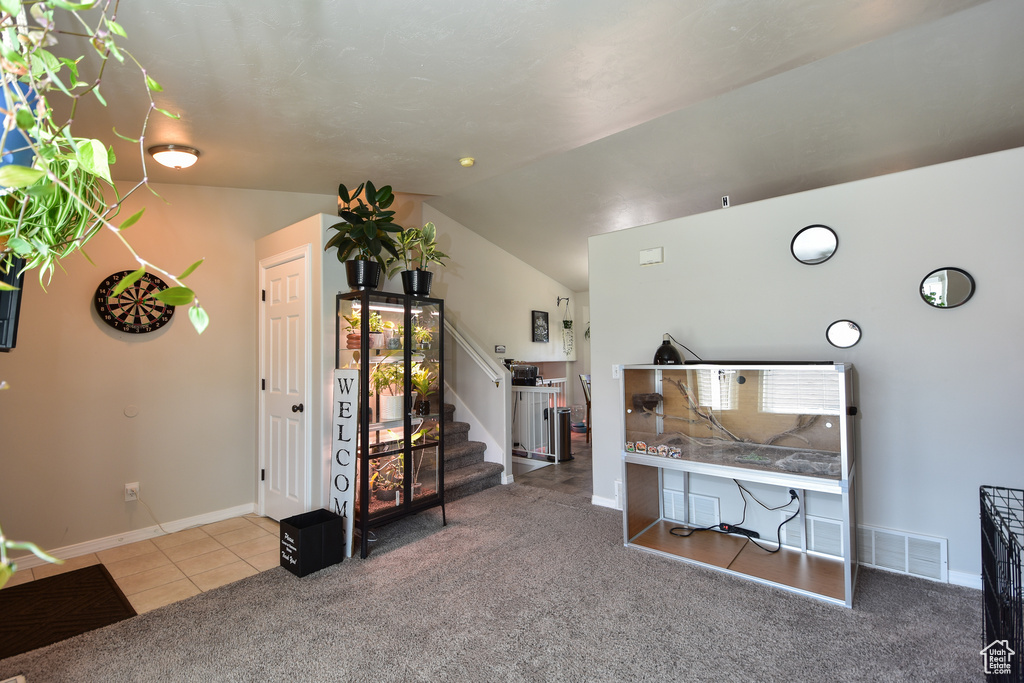 Carpeted living room with vaulted ceiling