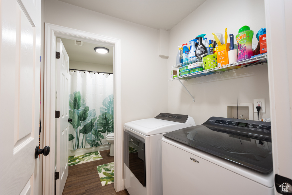 Washroom featuring dark hardwood / wood-style flooring and washer and dryer