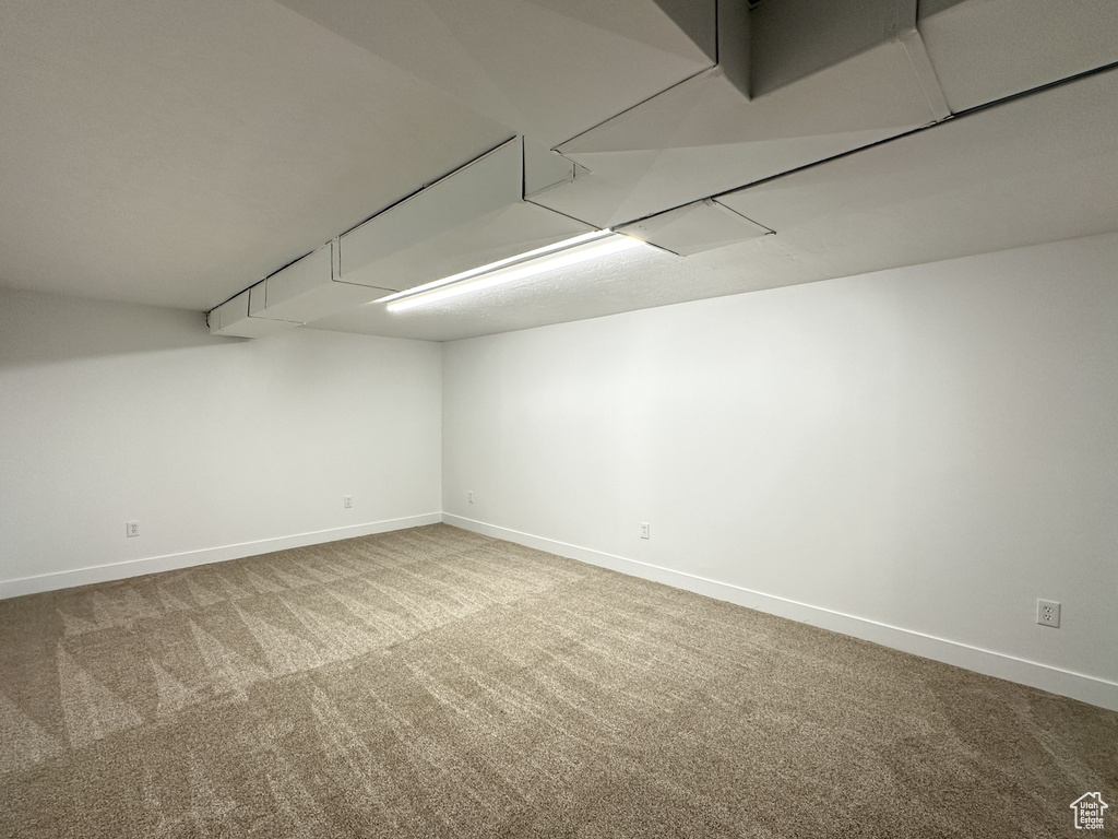 Basement featuring light colored carpet