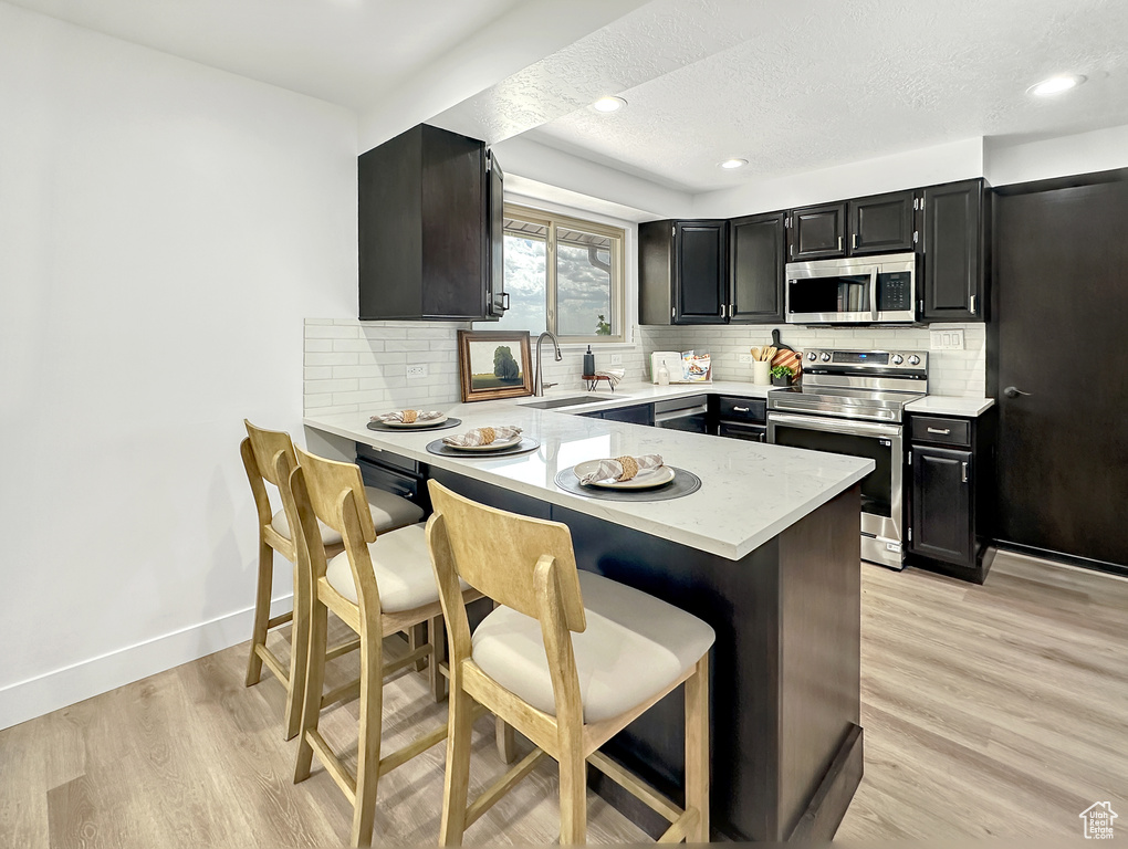 Kitchen featuring backsplash, sink, light wood-type flooring, stainless steel appliances, and kitchen peninsula