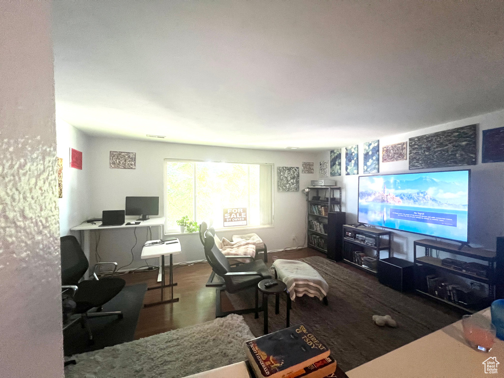 Living room featuring dark wood-type flooring