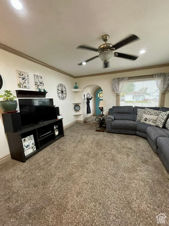 Carpeted living room featuring ceiling fan and ornamental molding