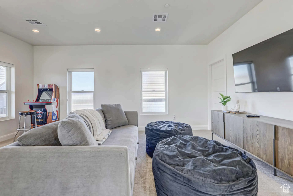 Carpeted living room with a healthy amount of sunlight
