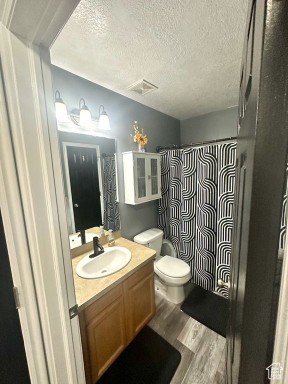 Bathroom featuring wood-type flooring, toilet, a textured ceiling, and vanity