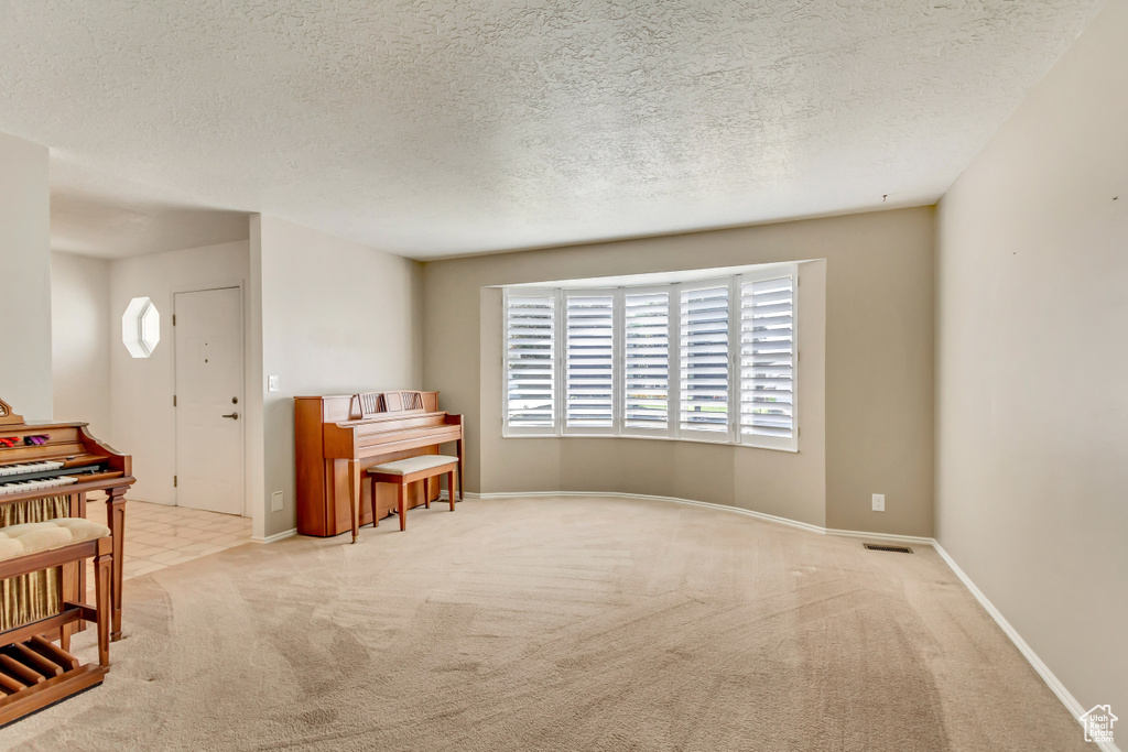 Miscellaneous room featuring a textured ceiling and light carpet